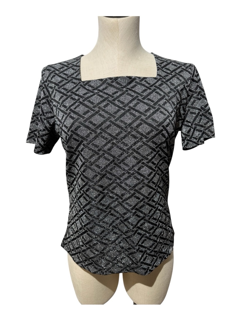Vue Point black, Y2k metallic geometric, baby doll blouse, shirt, size large